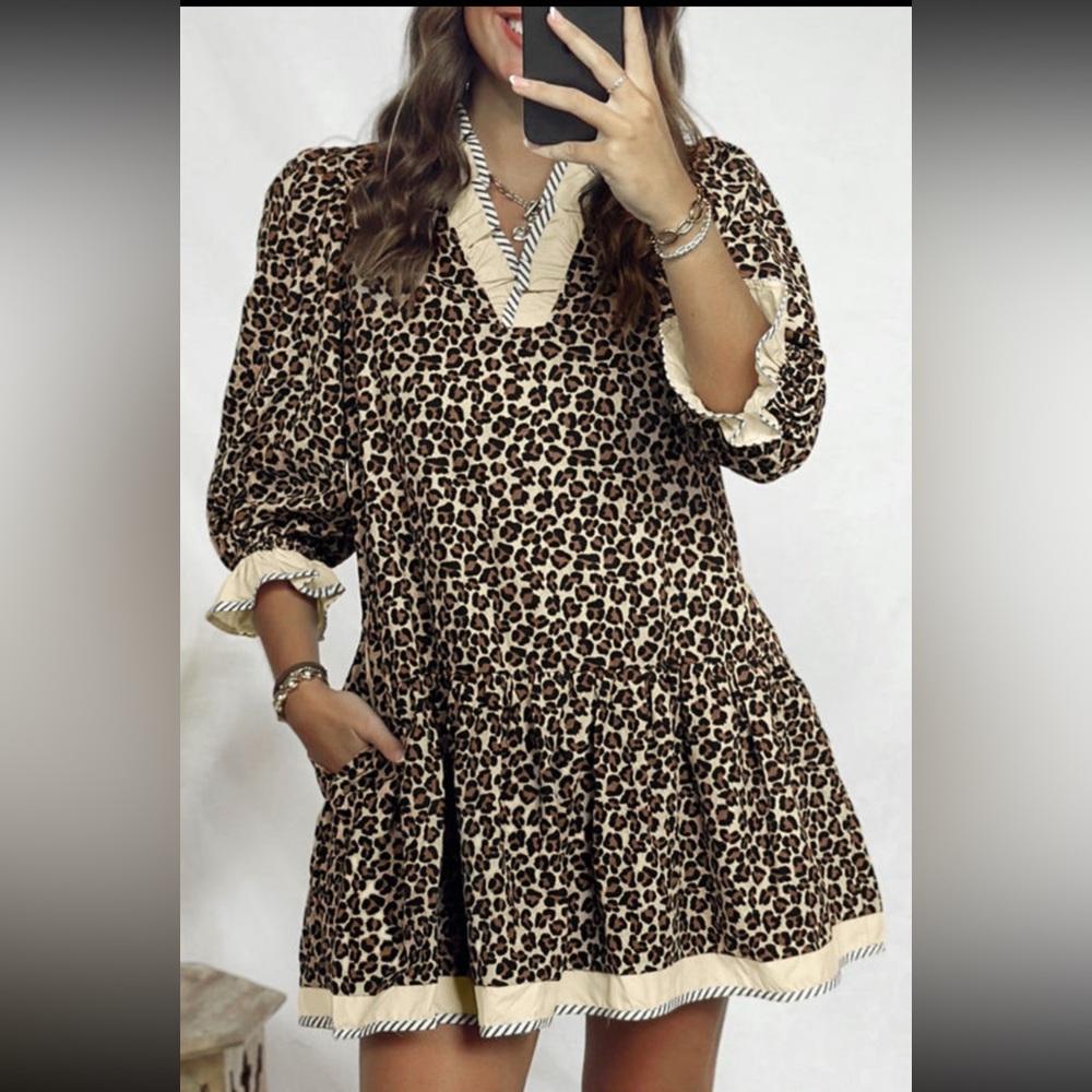 1147. ☀️Leopard print striped ruffle drop waist mini dress